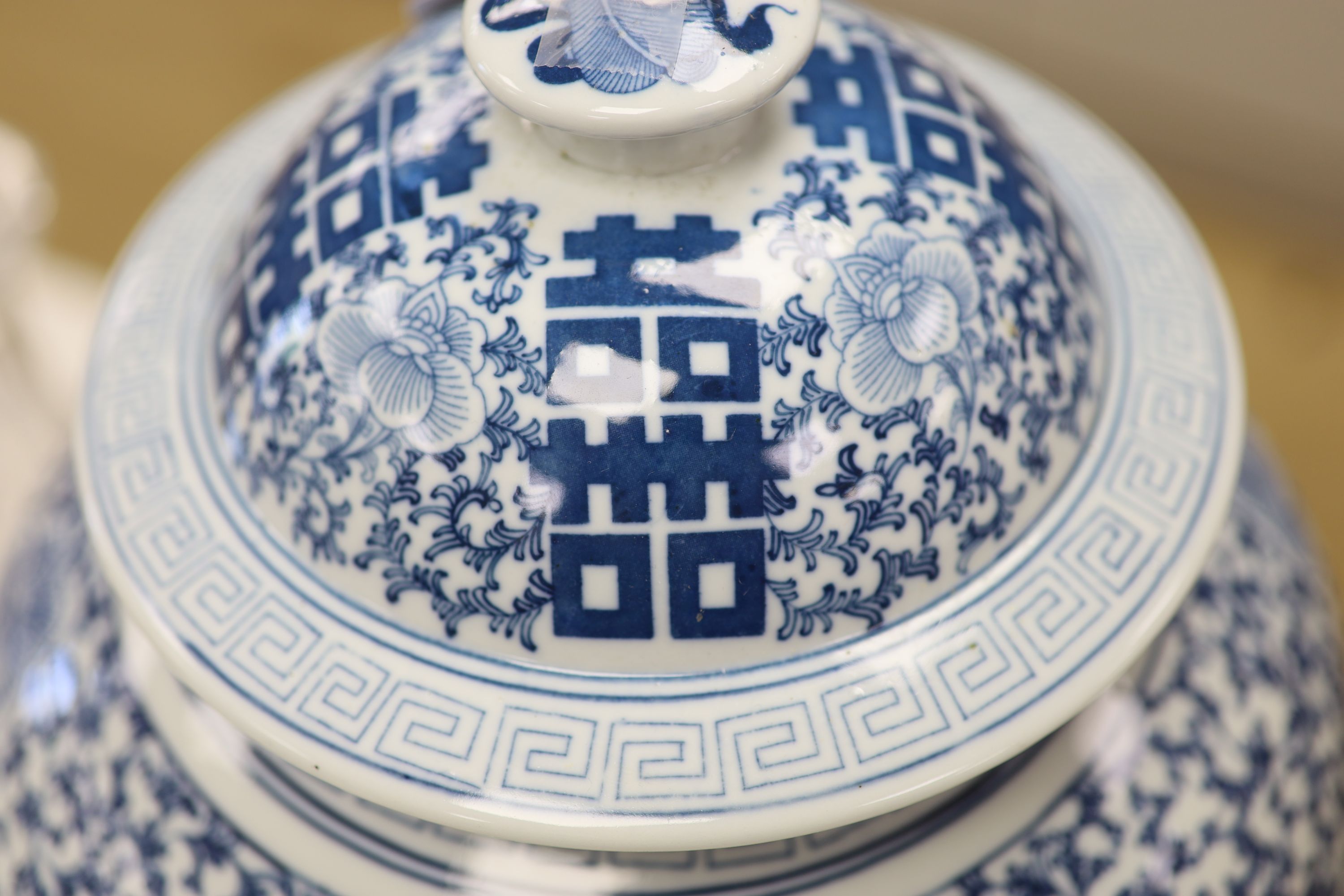 A large 20th century Chinese blue and white Shuangxi baluster vase and cover, height 32cm